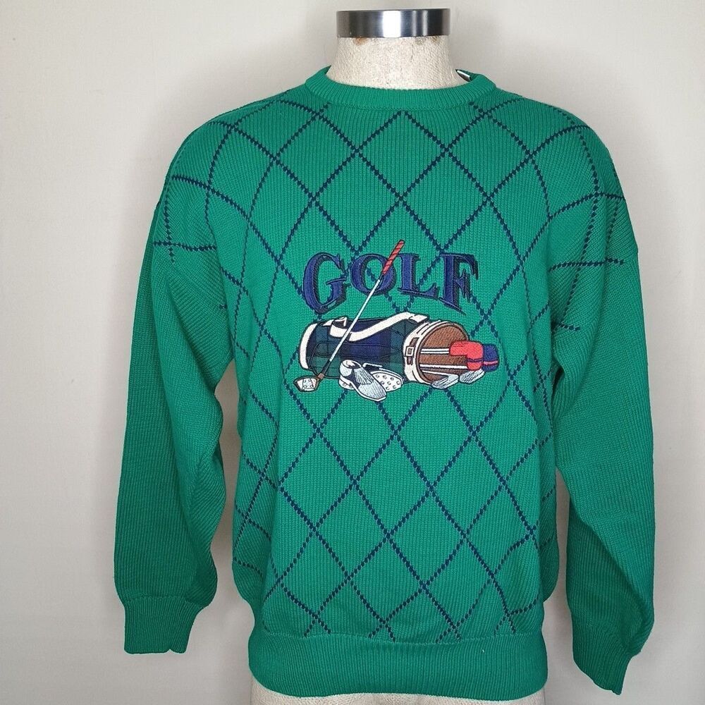 John Ashford Golf Sweater Mens XL Knit Green Cotton Argyle Embroidered VTG 90s